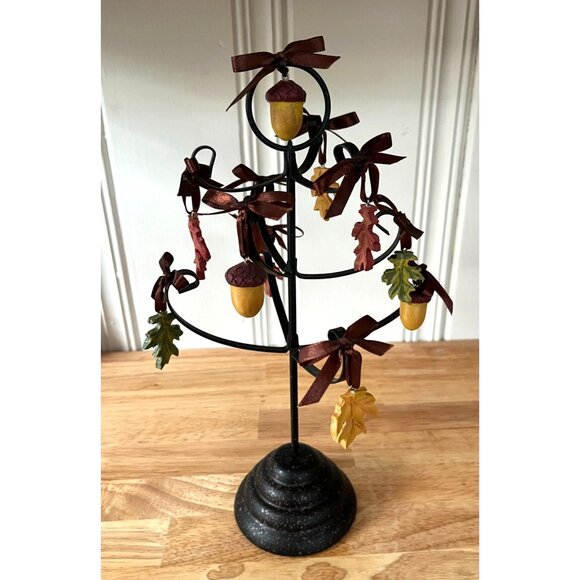 Black Metal Ornament Tree With Acorn Leaf Decorations Ribbon Accents - Picture 1 of 6